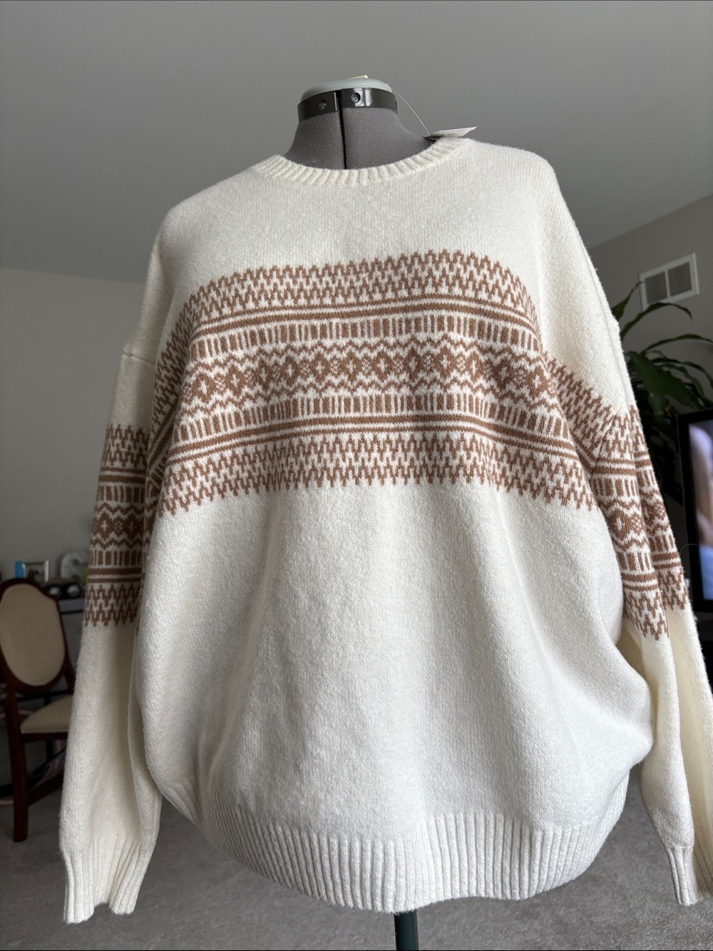 Hollister Cream and Brown Fair Isle Crewneck Sweater